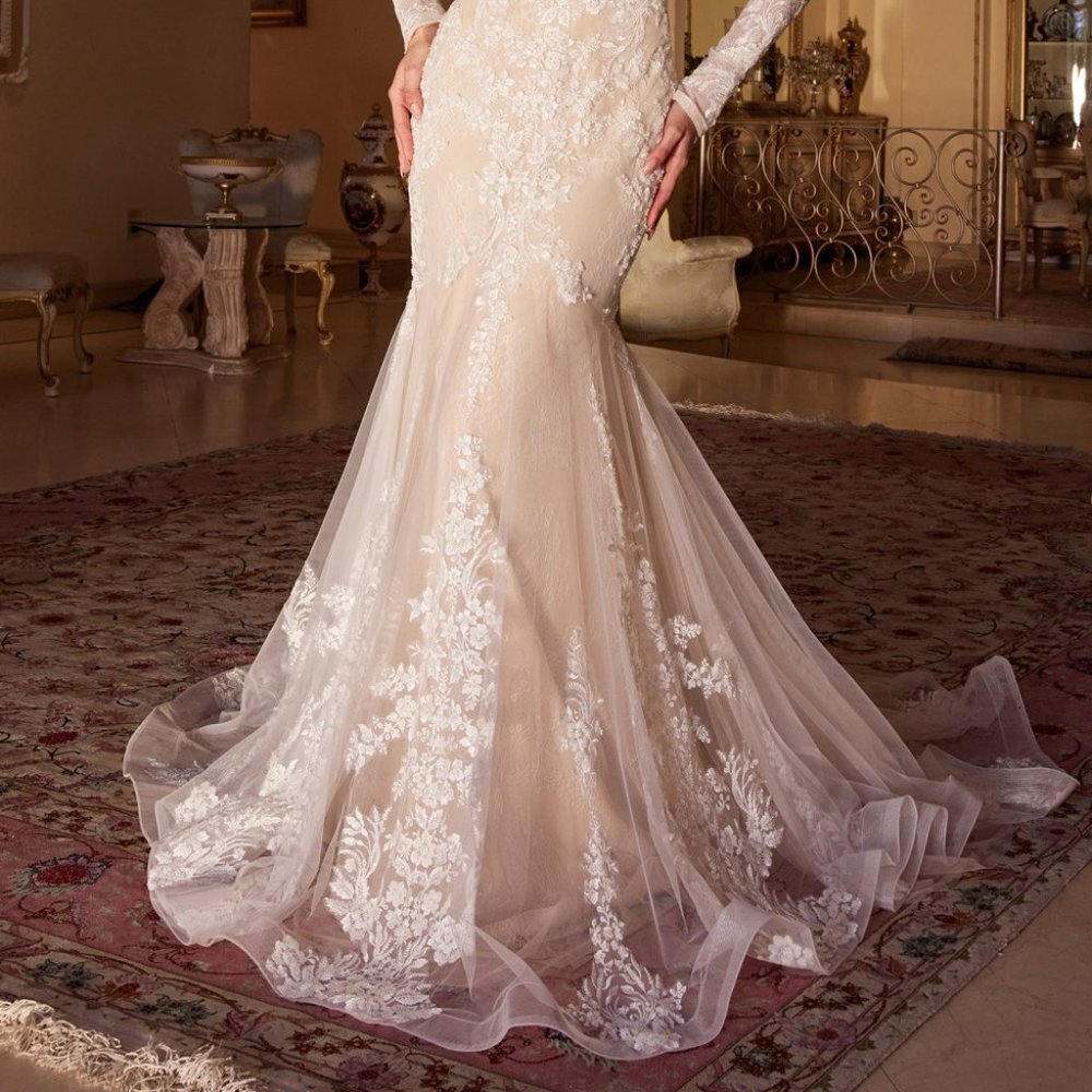 NEW LONG OFF THE SHOULDER MERMAID WEDDING DRESS WITH REMOVABLE SLEEVES AL WL008 - Picture 6 of 9